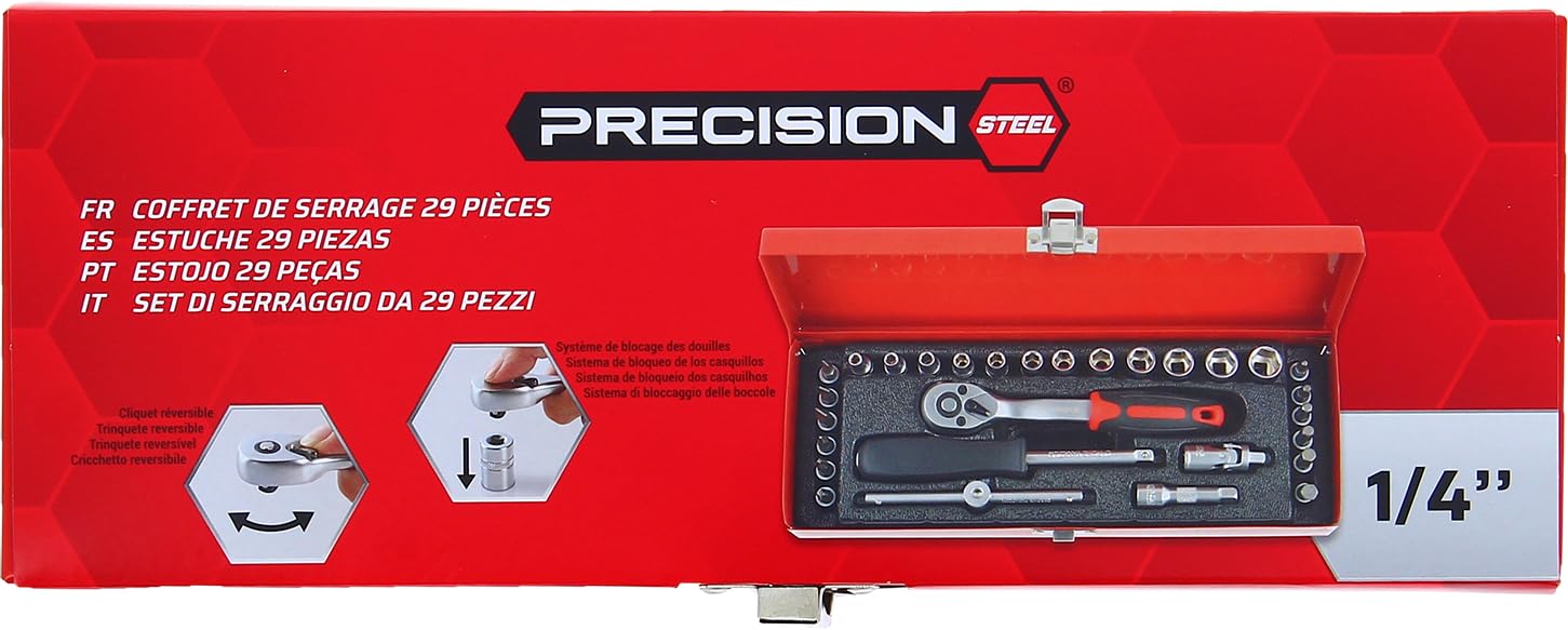 PRECISION STEEL Outillage à main coffret cliquet douilles 1/4" 29 pièces