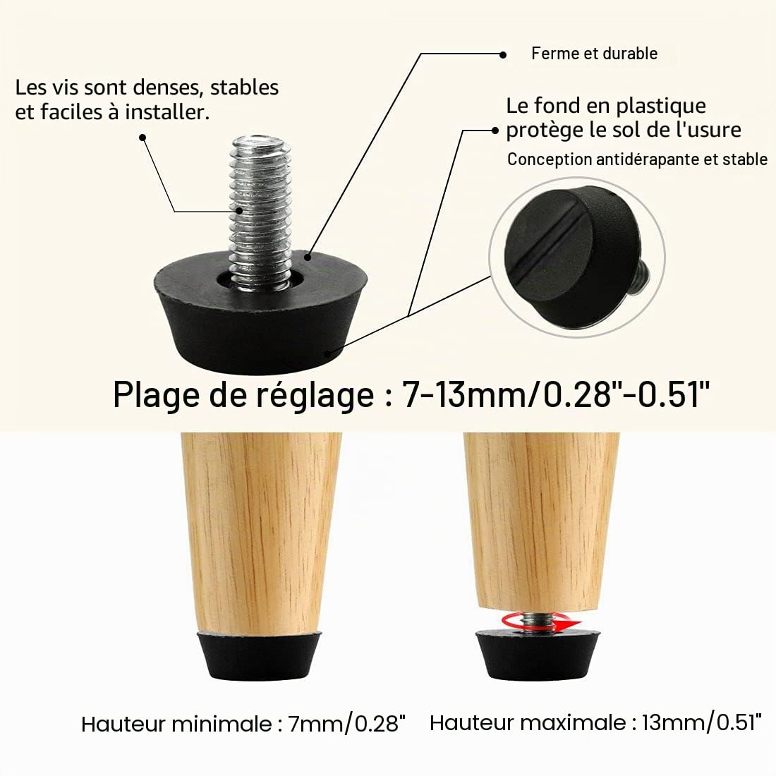 sourcing map Home pied nivellement M6x13x20mm 16 pièces noir