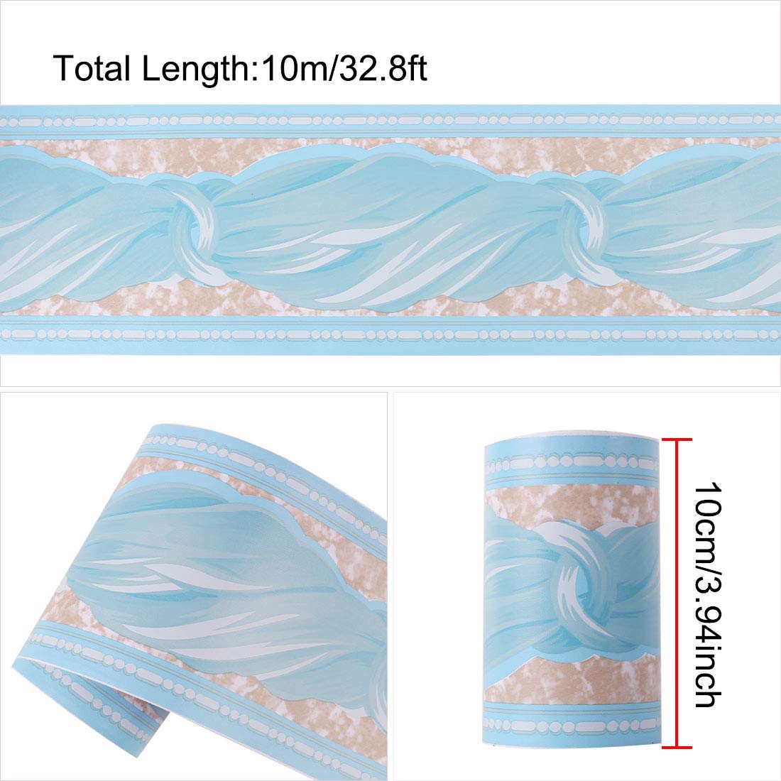 sourcing map Home & Garden frise murale bleue vague 10cmx10m
