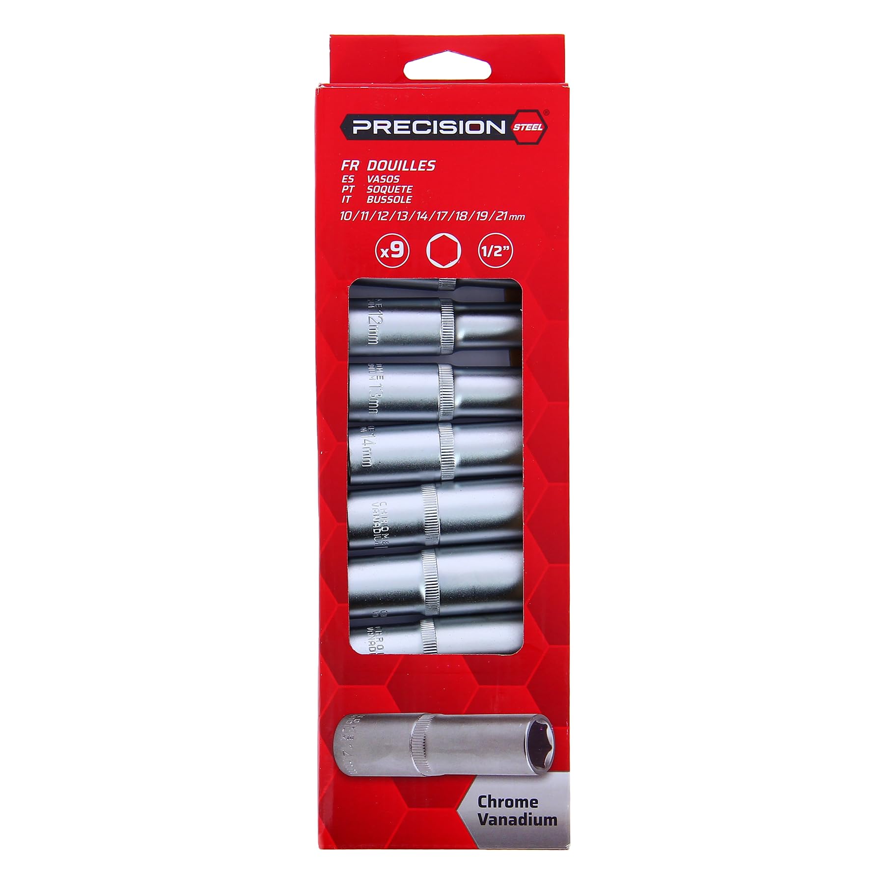 PRECISION STEEL Jeu 9 douilles longues 1/2" 10-21 mm