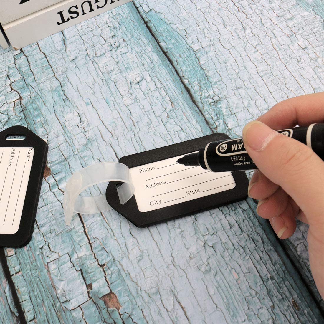 Sourcing Map Étiquette Bagage Plastique Noir Lot de 20