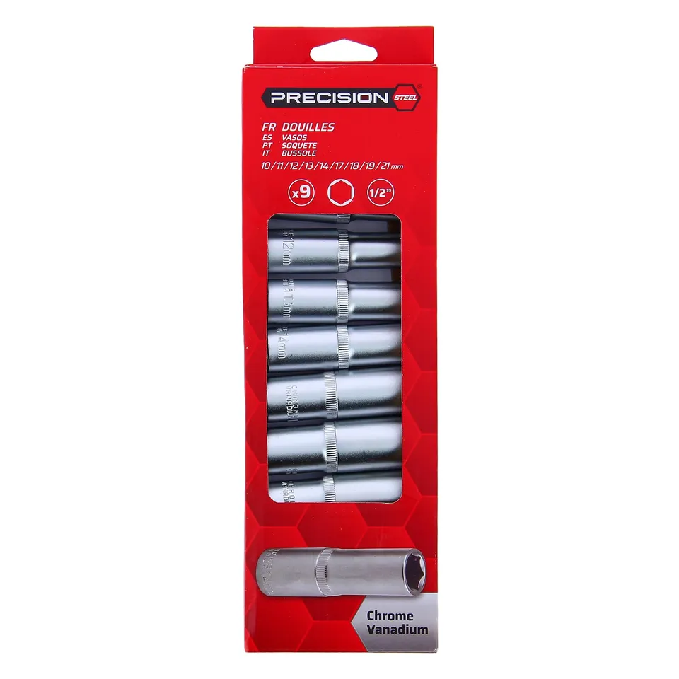 PRECISION STEEL Jeu 9 douilles longues 1/2" 10-21 mm