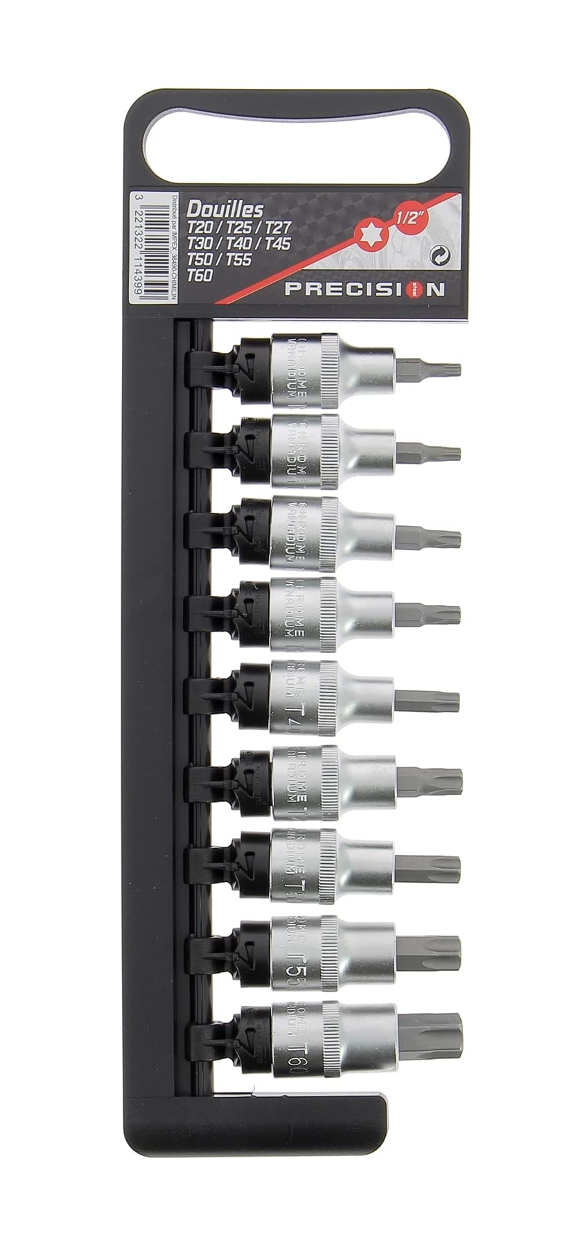 Precision Steel 9 douilles étoiles mâles T20-T60 1/2"