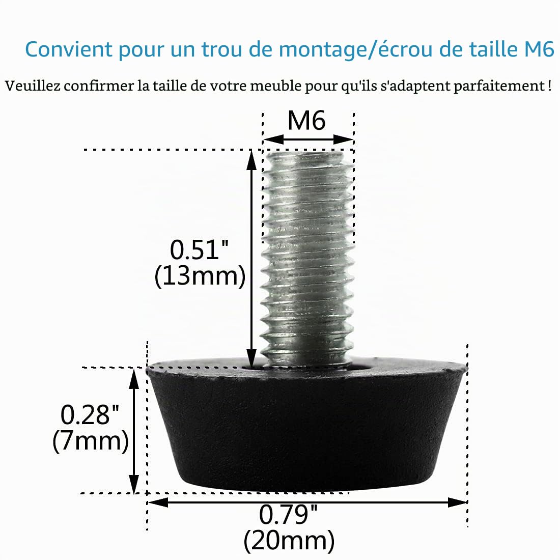 sourcing map Home pied nivellement M6x13x20mm 16 pièces noir