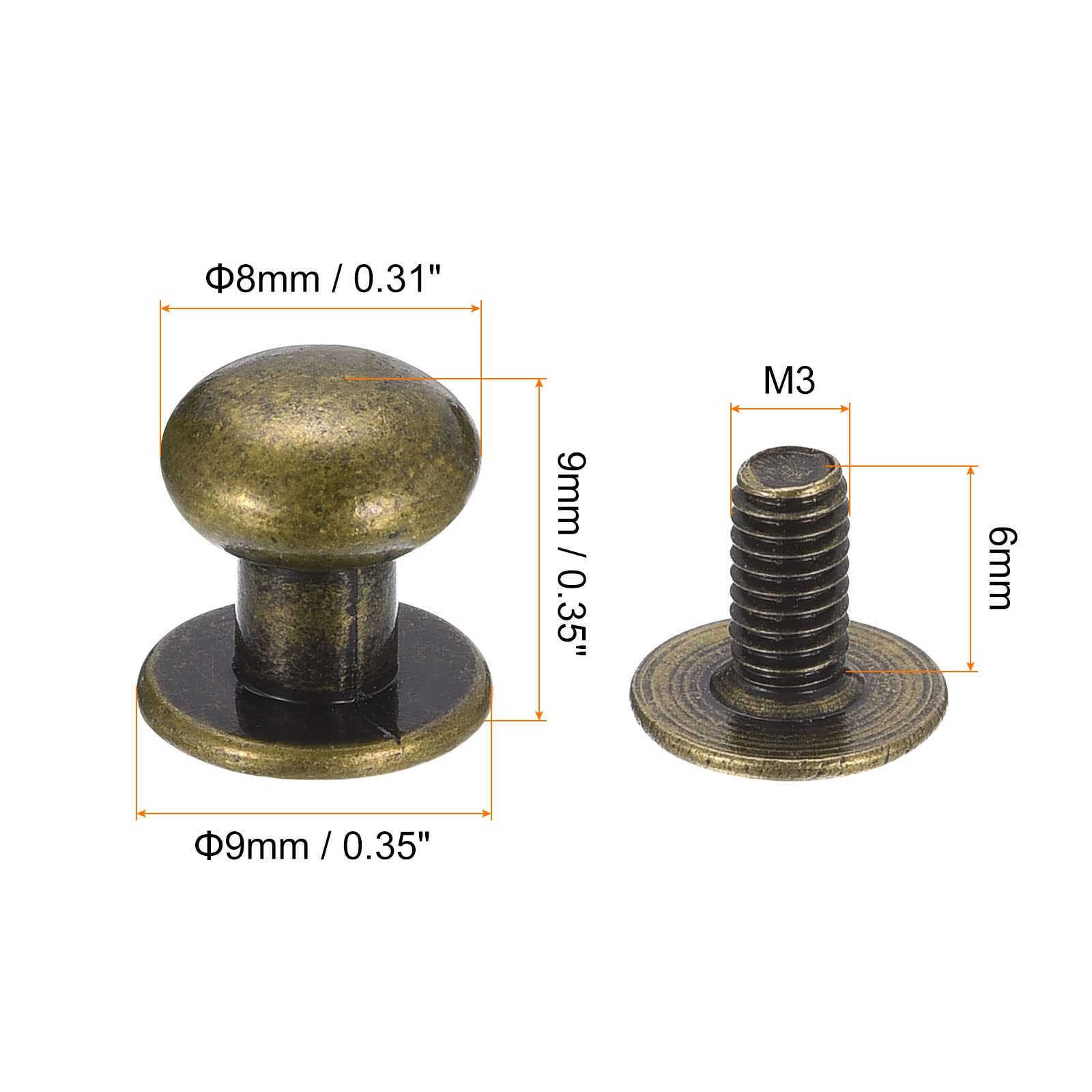 Sourcing Map Rivet Cuir Tête Ronde 8mm Bronzé x15