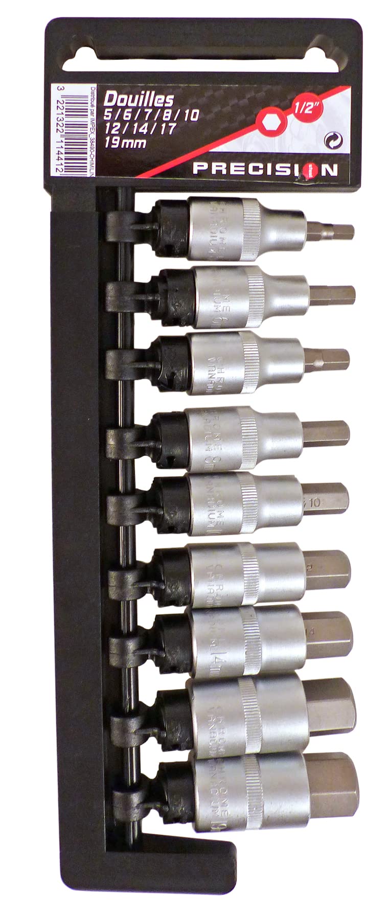 Precision Steel Outillage à main 9 douilles hexagonales 5-19mm 1/2"
