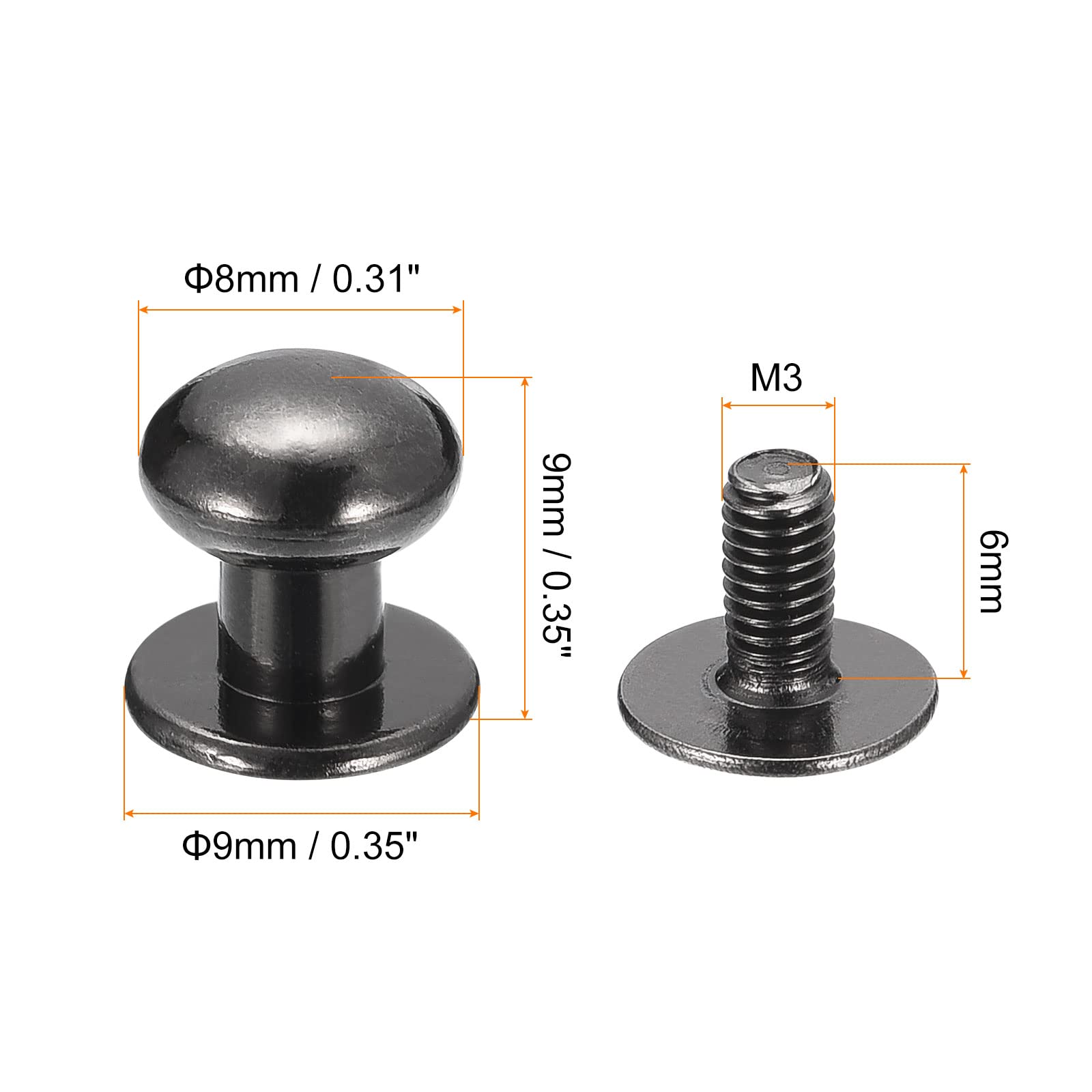 sourcing map rivet cuir tête boule 8mm noir métal lot de 15