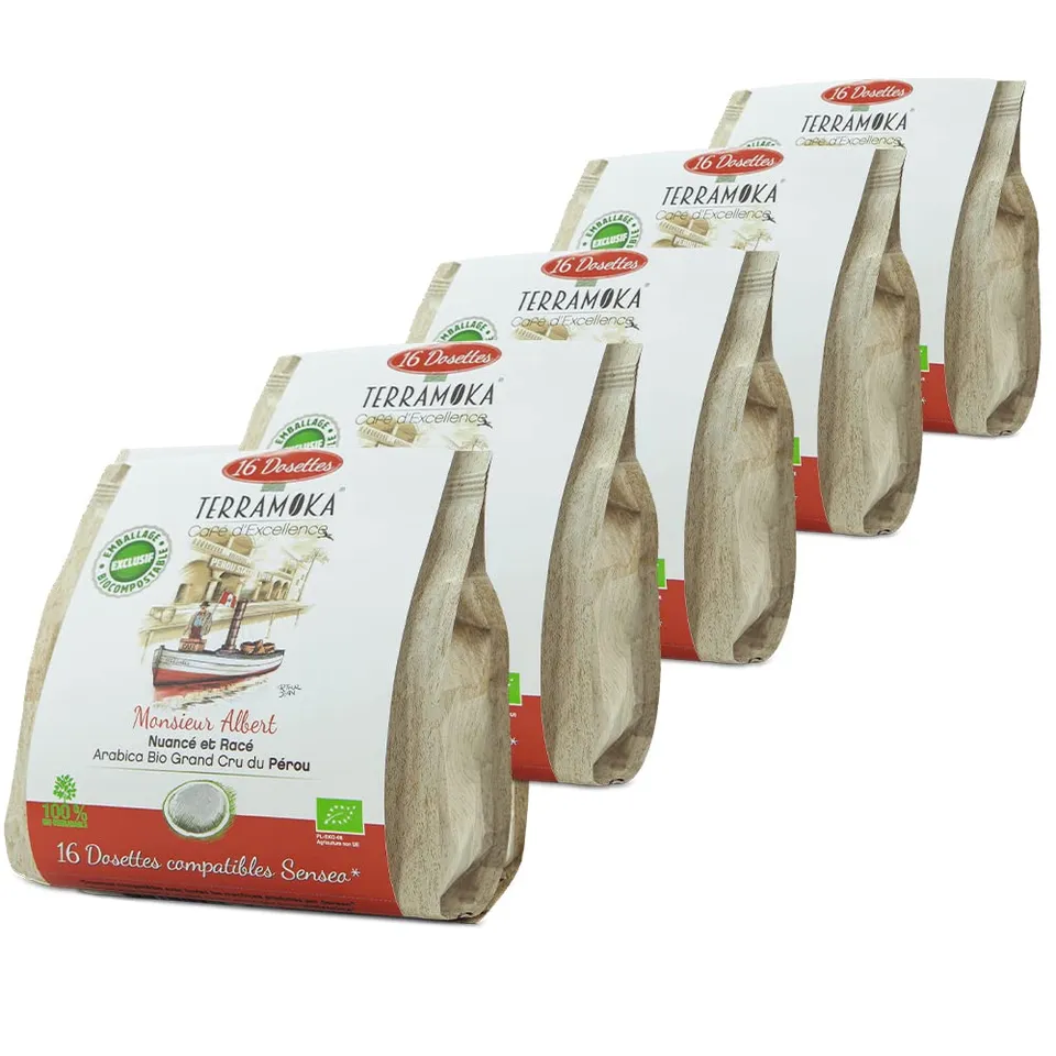 Terramoka Monsieur Albert 80 dosettes Senseo café bio arabica Pérou