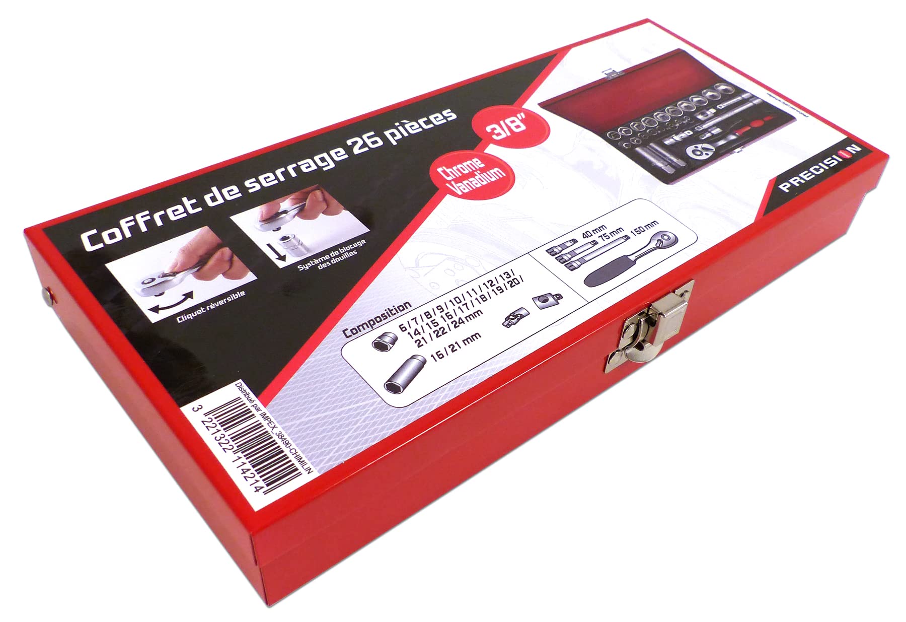 Precision Steel Outillage Coffret Cliquet Douilles 3/8 26 Pièces Chrome