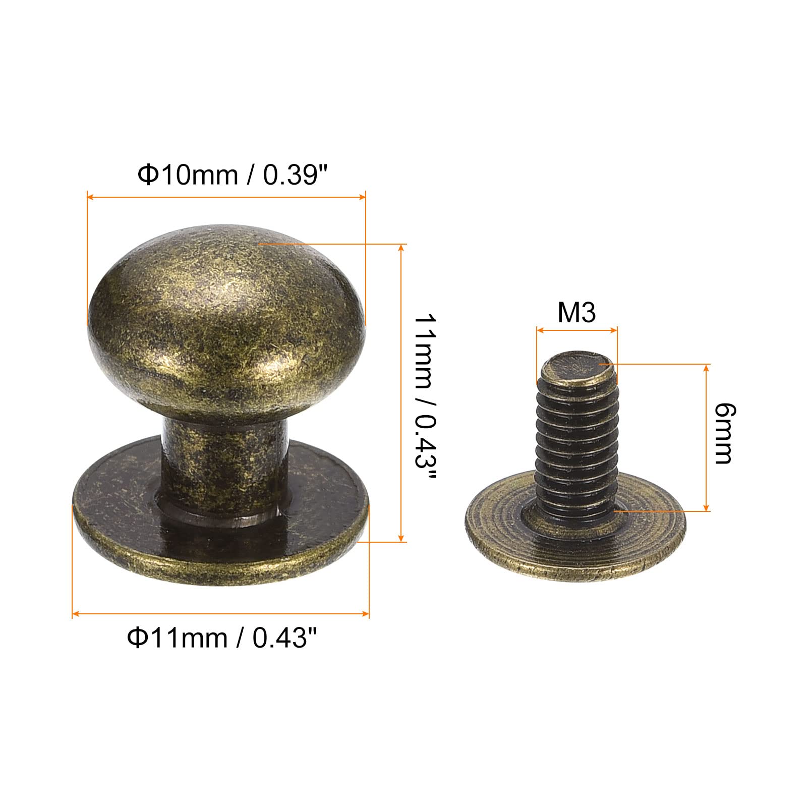 Sourcing Map Rivet Cuir Tête Ronde 10mm Bronzé x15