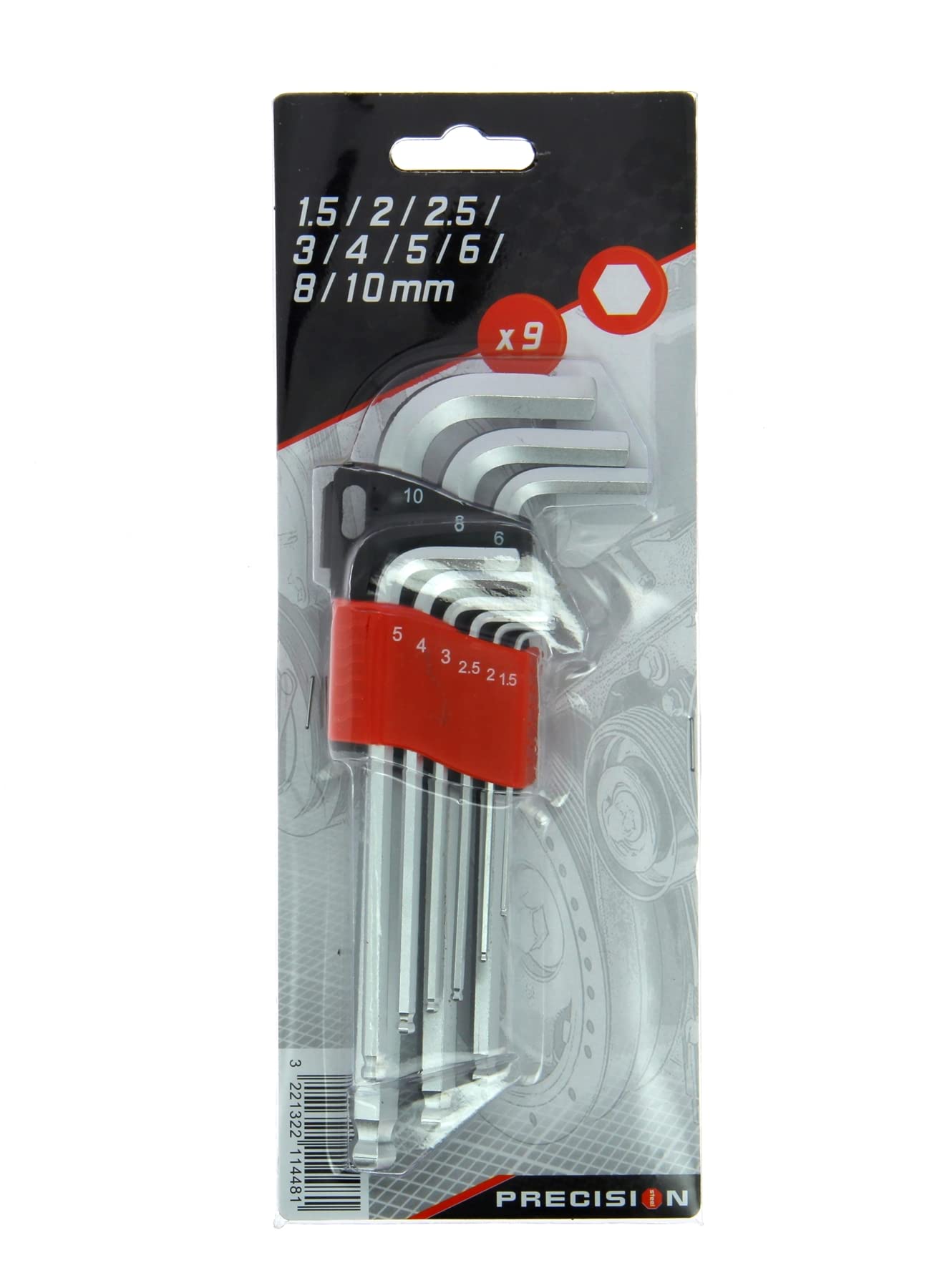 PRECISION STEEL Jeu 9 clés allen 6 pans 1,5-10 mm sphériques