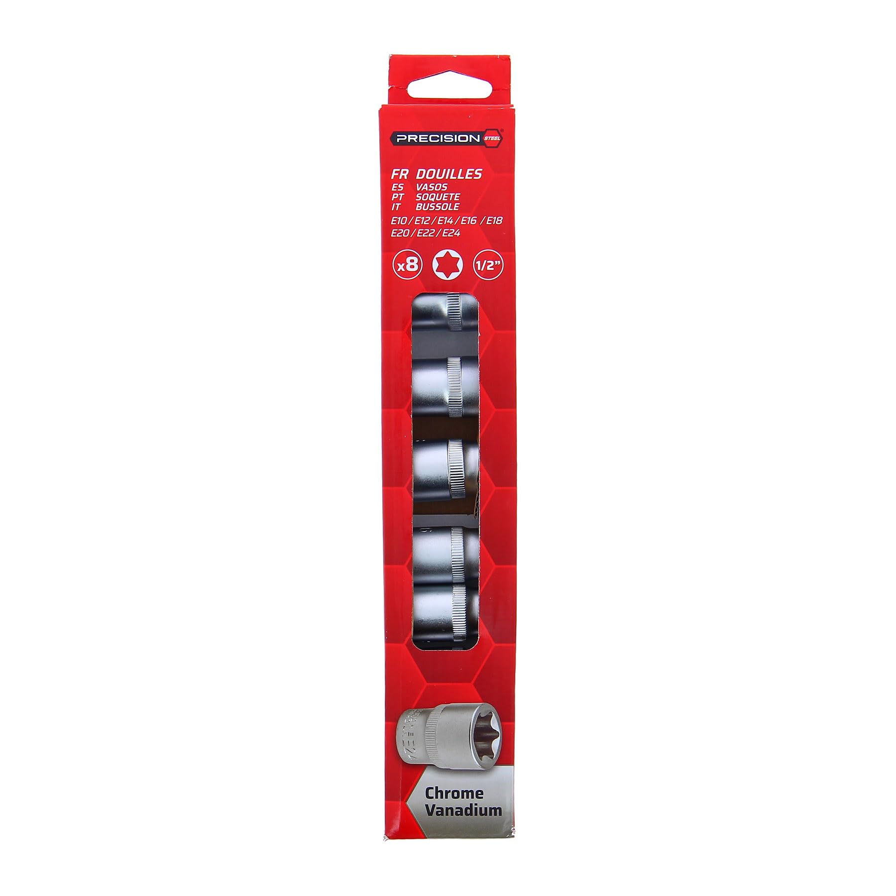 PRECISION STEEL Outillage 9 douilles étoiles E10-E24 1/2"