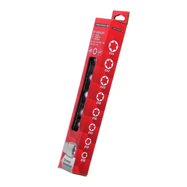 PRECISION STEEL Outillage 9 douilles étoiles E10-E24 1/2"