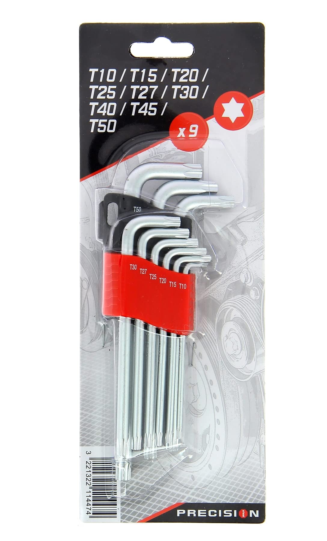 PRECISION STEEL Outillage à main 9 clés étoiles coudées T10-T50 torx
