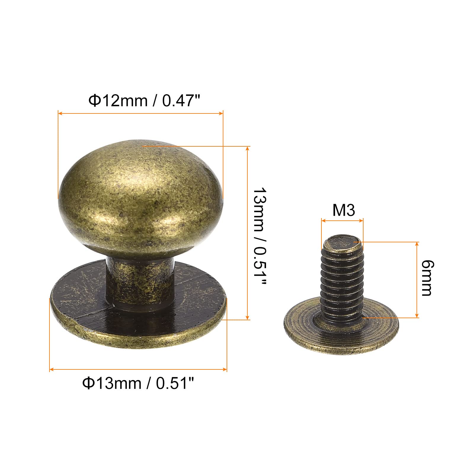 Sourcing Map 12mm Rivets à Vis Cuir Bronze 15 Pcs