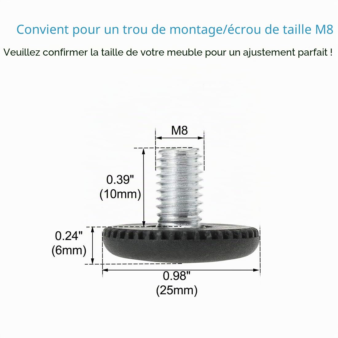 Sourcingmap Home M8 pied réglable meuble 25 mm lot 20