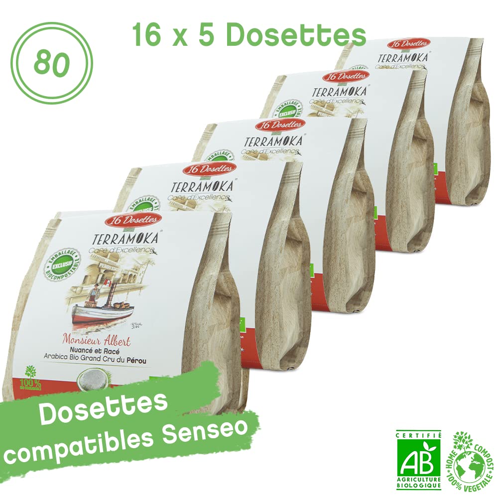 Terramoka Monsieur Albert 80 dosettes Senseo café bio arabica Pérou