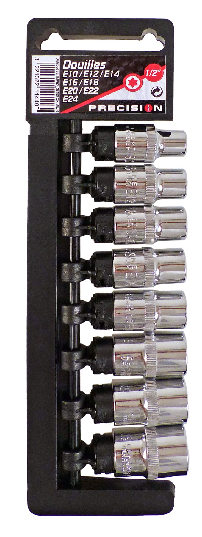 PRECISION STEEL Outillage 9 douilles étoiles E10-E24 1/2"